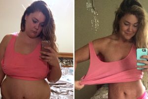 In her first workout selfie, Justine McCabe wore a pink tank top that fit snugly. After more than a year of working out and watching what she eats, McCabe lost 124 pounds and swims in that tank top.