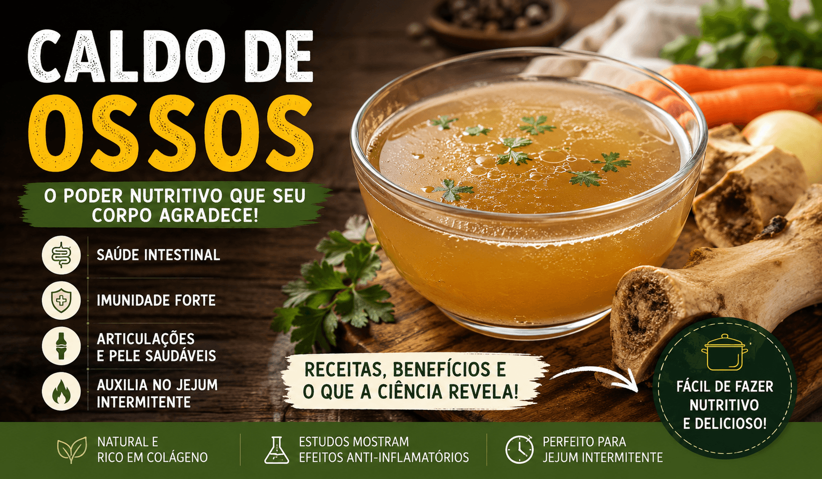 Caldo de ossos rico em colágeno e nutrientes com benefícios para o jejum intermitente, saúde intestinal e sistema imunológico.