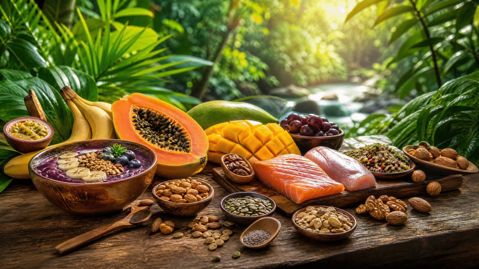Dieta da Selva com alimentos naturais e saudáveis em ambiente de floresta tropical